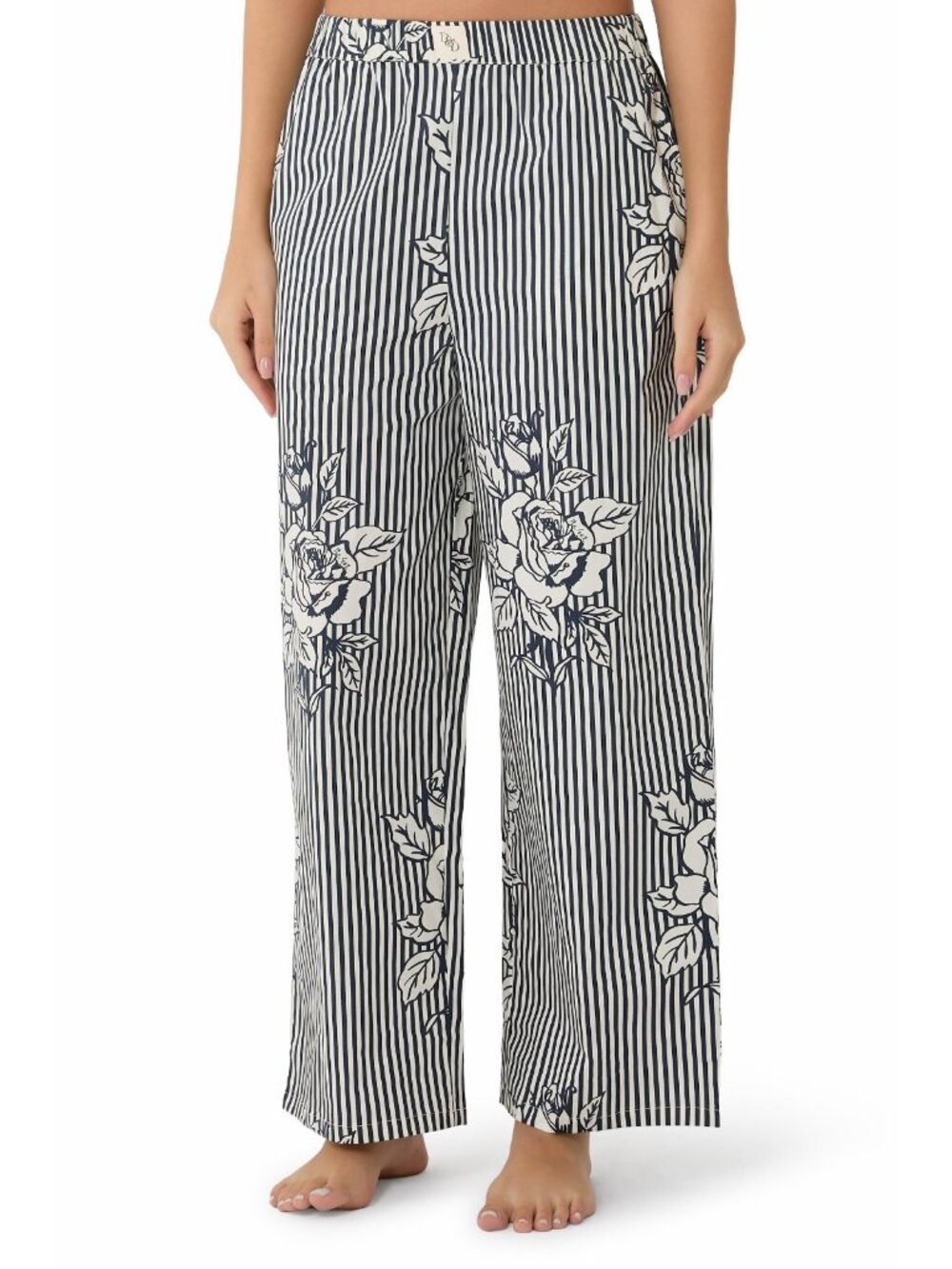 Desmond & Dempsey 402 Trousers Size S Pinstripe Rose Print Pattern
